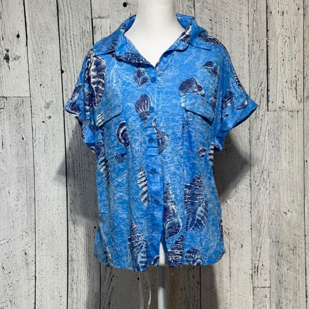 Casey key Blue Seashell Print Short Sleeve Button DownShirt XL Coastal Beach top